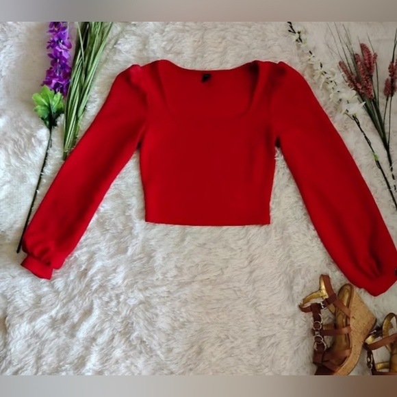 Women Red Long Sleeve Scoop Neck Cropped Top - Picture 1 of 3